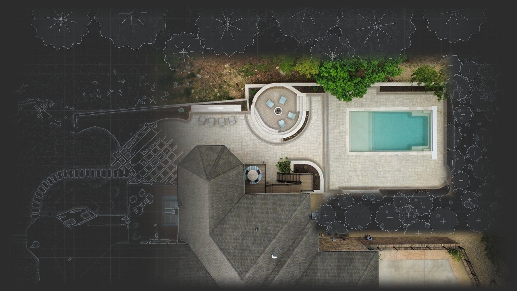 An aerial view of a pool terrace, fire circle and pergola, fading into a hand-drawn planting plan